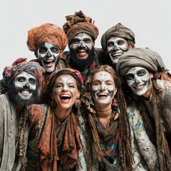 Group of smiling performers in traditional attire with face paint exhibiting cultural celebration during festival