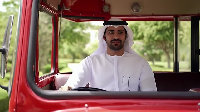 Emirati Man Driving a Vintage Red Bus