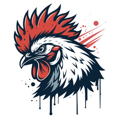 Design a vibrant chicken logo; spiky feathers, paint drip effect, aggressive yet playful.  Include a strong color palette.