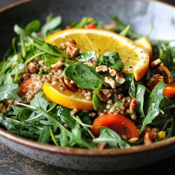 Fresh salad with quinoa, greens, orange, and nuts