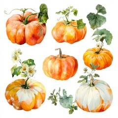 Colorful displays of pumpkins in various shapes and sizes surrounded by green leaves and flowers