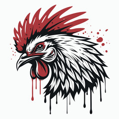Design a vibrant logo featuring a stylized chicken with aggressively spiky feathers, incorporating paint drip effects for a street-art aesthetic.