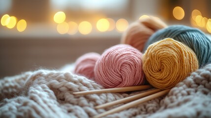 Cozy Craft: Soft balls of yarn nestled in a textured knit blanket, illuminated by warm, atmospheric lighting, evoking the comfort and creativity of a handcrafting hobby.