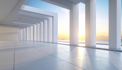 Modern architectural space with minimalist design and expansive ocean view at sunrise