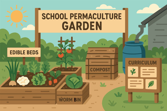 School Permaculture Garden. Vector illustration of school permaculture garden with edible beds, compost, worm bin, rain barrel,