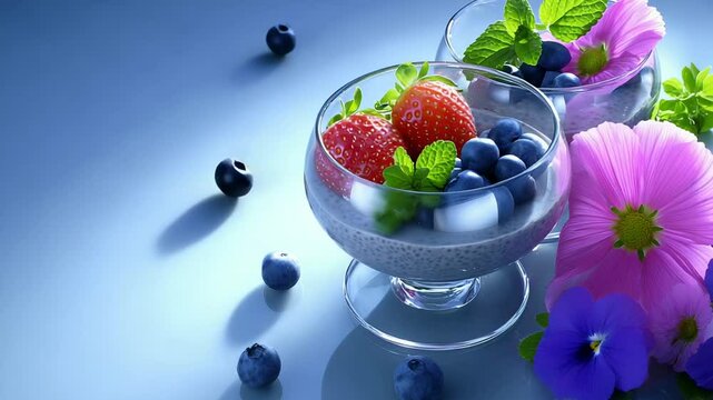 Colorful fruit parfait in a glass bowl