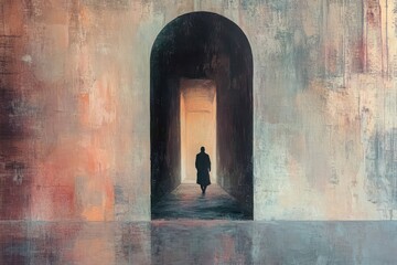 Solitary Figure Walking Towards Light Through Archway