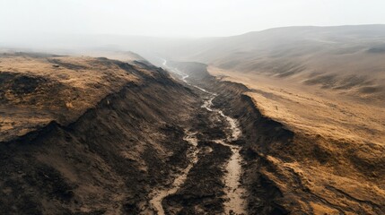 Significant earthquake fault line dramatically alters the landscape, creating a deep canyon that carves through the rural terrain, showcasing the raw power of nature and geological forces