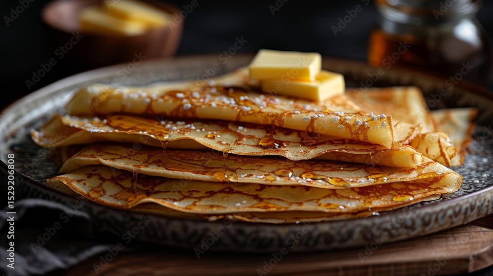 Poster an appetizing stack of freshly made pancakes topped with melted butter and syrup, presented on a dec