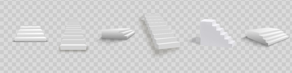 White stairs, 3d staircases. Set, Isolated on transparent background.