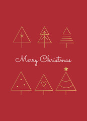 Minimal Christmas Card with Gold Line Trees on Red Background. Elegant Holiday Greeting