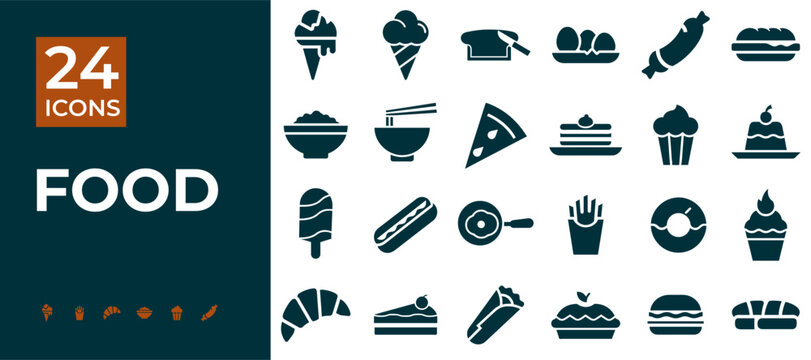 Set of 24 food icons in modern flat style on white background  