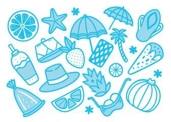 Summer vacation icon set featuring hand drawn beach elements fruits and drinks for creative design and tropical themes