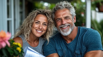 Obraz premium A cheerful couple smiling together, surrounded by flowers, reflecting love, happiness, and companionship, capturing the essence of shared moments in life.