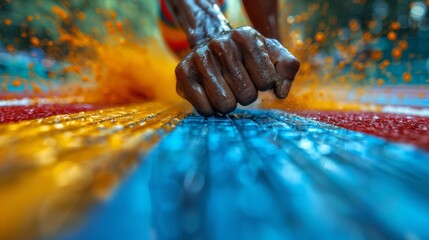 An intense close-up of a swimmer's hand gripping the starting block, signifying determination and readiness for competition in a vibrant and energetic swimming pool setting.