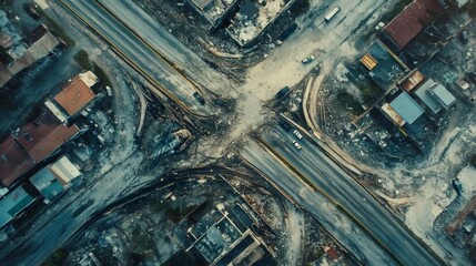 Aerial drone perspective revealing urban landscape aftermath, collapsed structures, fractured roadways, emergency response teams navigating widespread earthquake devastation