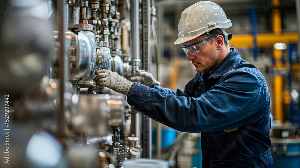 Poster engineer in uniform at factory works with equipment and checks it