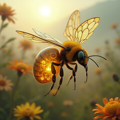 A steampunk bee hovers above a vibrant flower field, its transparent abdomen glowing with golden pollen and intricate gears. Its mechanical wings buzz softly, blending nature and machinery in a delica