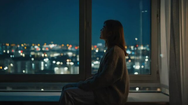 窓から望む都会の夜景、美しいネオン輝く都市