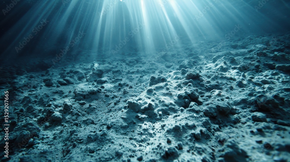 Poster an ethereal underwater scene showcasing the ocean floor illuminated by rays of sunlight filtering th