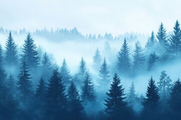 Fototapeta premium Misty Blue Forest Landscape Serene Winter Wonderland