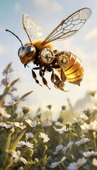 A steampunk bee hovers above a vibrant flower field, its transparent abdomen glowing with golden pollen and intricate gears. Its mechanical wings buzz softly, blending nature and machinery in a delica