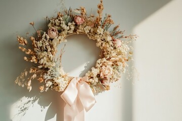 Dried flower wreath with pastel ribbons Easter door decoration boho aesthetic