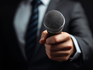 Speaker holding microphone in formal suit