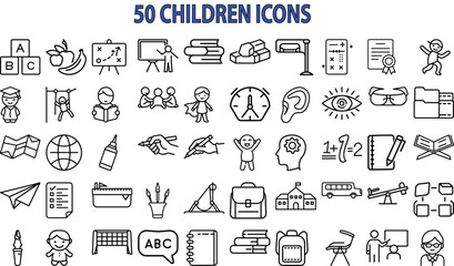 50 children s line icons bundle education play and activities isolated on white background