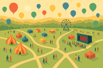 Festival Drone View. Vector illustration of early morning drone view over festival grounds with colorful balloons and foot traffic