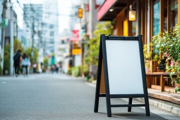 A blank advertising A-board on a city street, perfect for showcasing menus and promotions, attracting attention with its simple, clean design against an urban backdrop.
