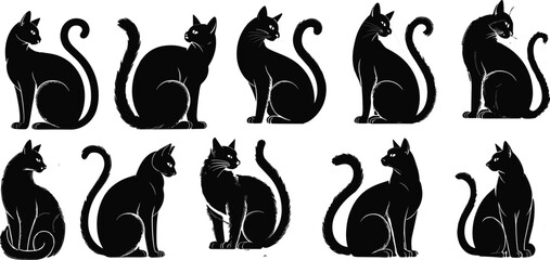Set of elegant black cat silhouettes in sitting position, vector illustration of feline pets with curved tails, stylish animal design for decoration