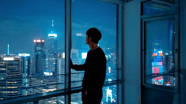 窓から望む都会の夜景、美しいネオン輝く都市