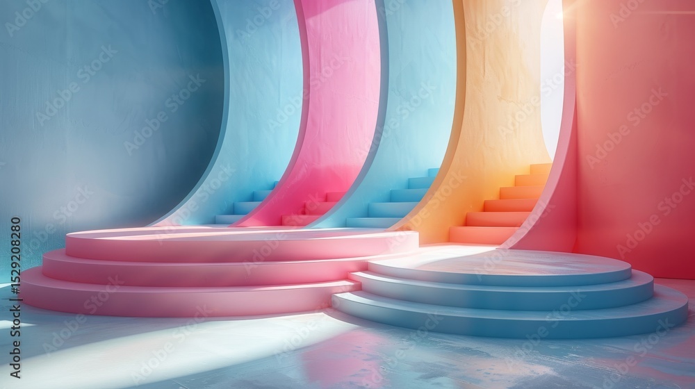 Poster a vivid display of modern architectural design featuring colorful steps and curved walls, inviting v