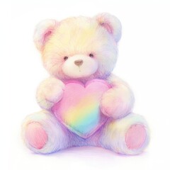 Brown teddy bear holding a heart illustration rainbow pastel.