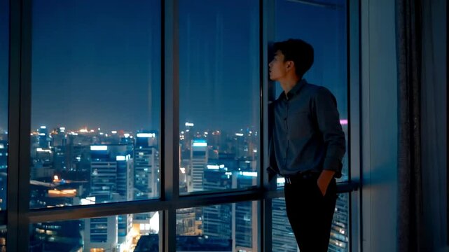 窓から望む都会の夜景、美しいネオン輝く都市