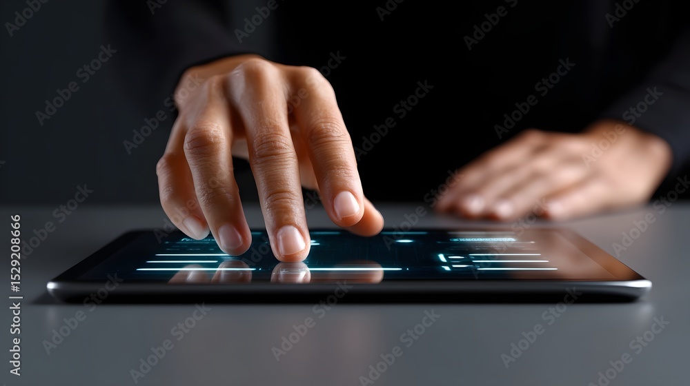 Poster hands interacting with a digital interface on a tablet device.