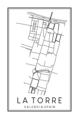 Hand drawn printable downtown road map poster of district LA TORRE of the Spanish city of VALENCIA on solid white background with city name