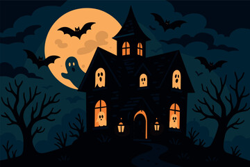 Haunted House Adventure. Spooky fun — Vector illustration of haunted house with bats, ghosts in windows, and flickering lanterns