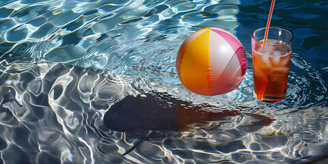 Obraz premium Colorful Beach Ball and Iced Tea by Sunlit Pool