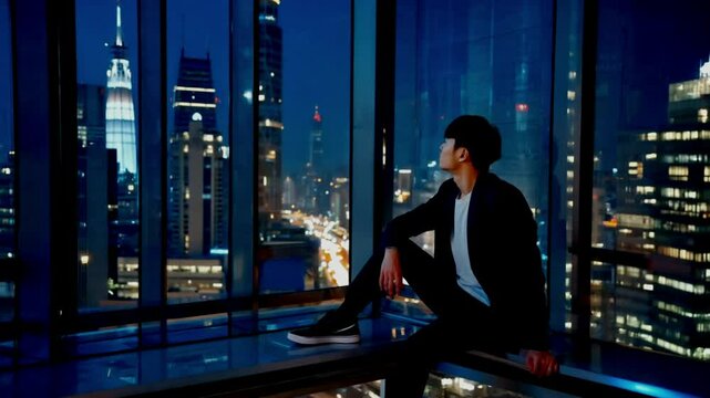 窓から望む都会の夜景、美しいネオン輝く都市