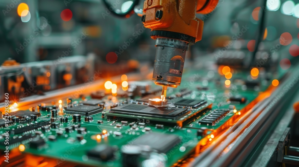 Aufkleber an automated machine meticulously placing components on a circuit board, demonstrating the advanced 