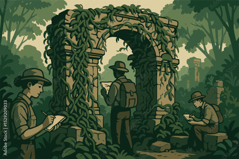 Aufkleber explorers at ancient ruins. vector illustration of ancient ruins hidden in vines with explorers taki