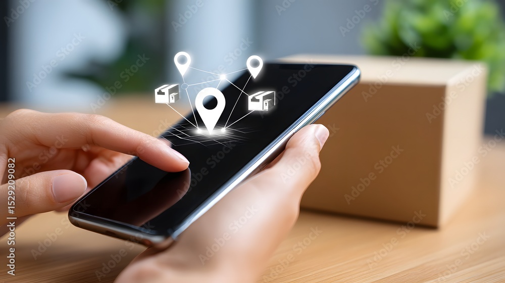 Aufkleber hands using smartphone with delivery tracking app