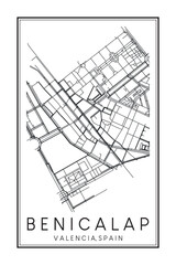 Hand drawn printable downtown road map poster of district BENICALAP of the Spanish city of VALENCIA on solid white background with city name