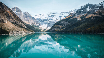 Emerald Green Glacial Lake with Snow-Capped Peaks