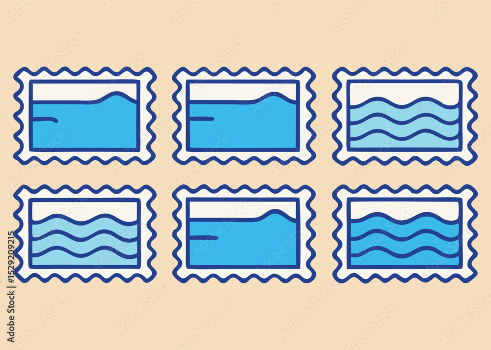 Poster illustration of water waves in postage stamp style design various stages representing calmness and m