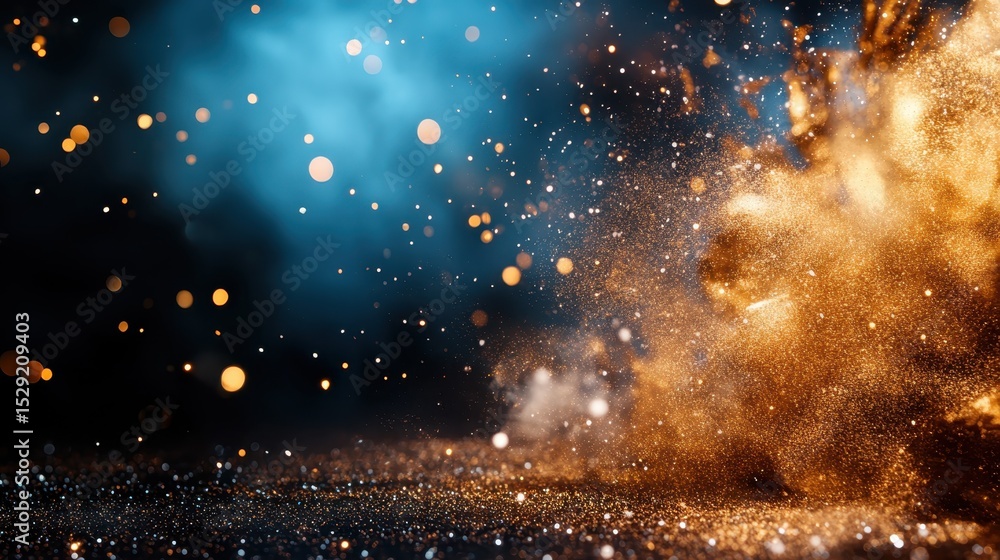 Poster an abstract representation of a powerful explosion in golden and blue hues, showcasing a vibrant int
