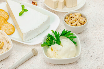 Homemade vegan cashew cheese. Raw healthy sauce in a bowl, lactose free food. Bio organic product