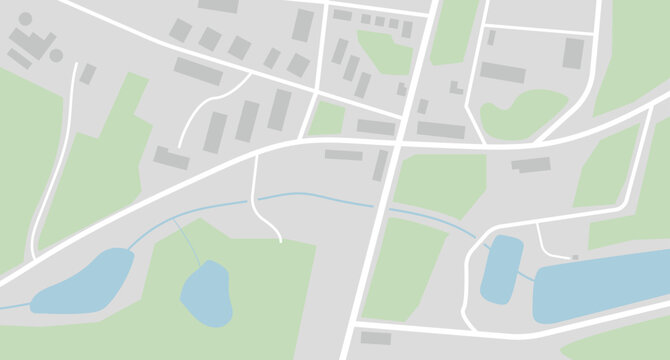 City map navigation. GPS navigator. Top view, view from above. Simple realistic map design with small town, forest, river and lakes. Landscape with river. Flat style vector illustration in dim color